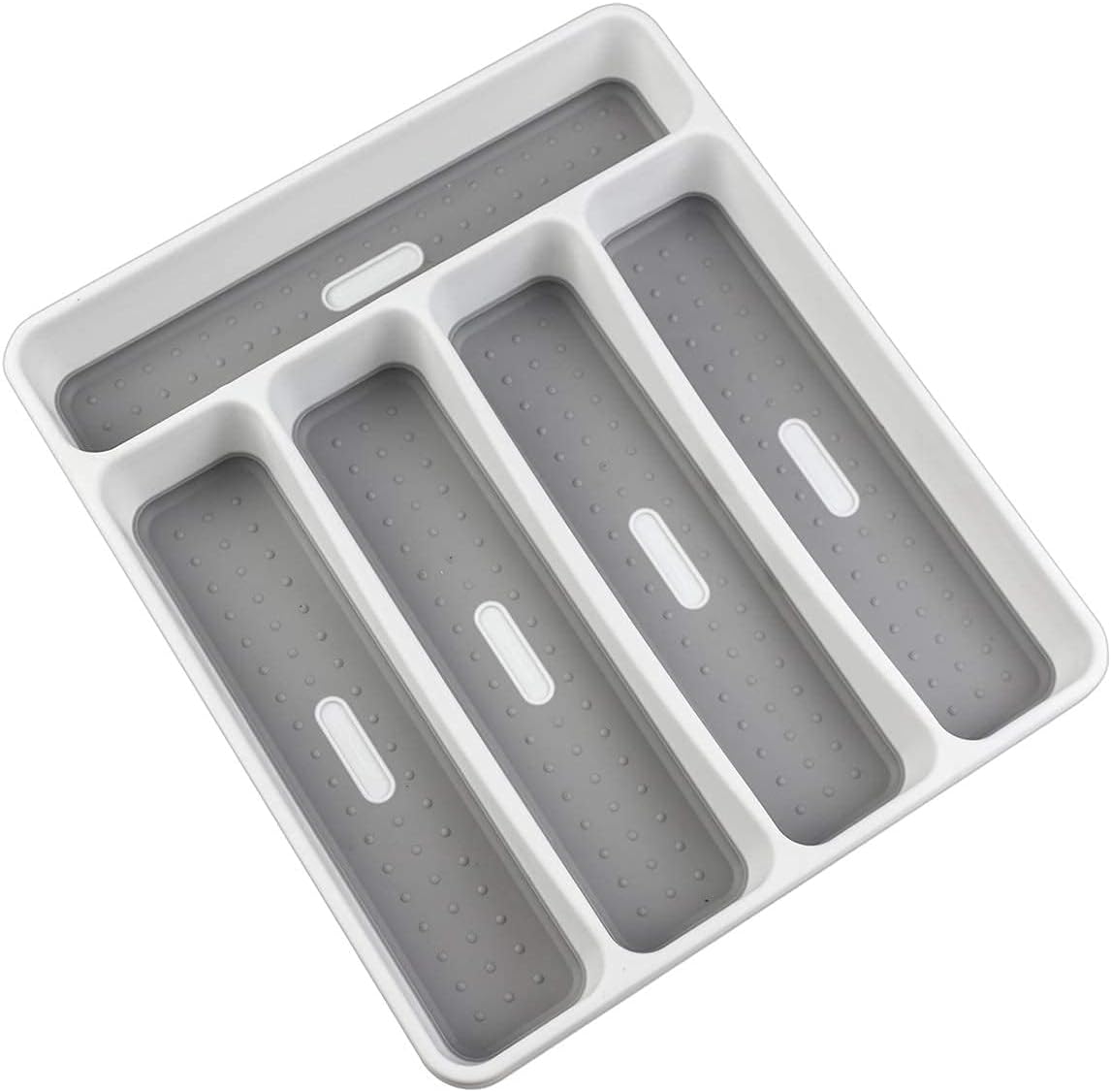 LeMuna Silverware Tray for Drawer, Plastic Cutlery Tray Kitchen Drawer Organizer, 5 Compartment Flatware Cutlery Organizer, Soft-Grip Lining and Non-Slip Rubber Feet