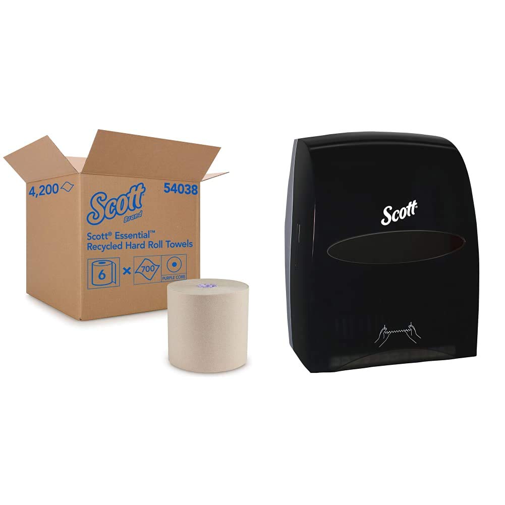 Scott Essential 100% Recycled Brown Roll Towel (54038), with Absorbency Pockets, Purple Core, 700'/Roll, 6 Rolls/Case, 4,200'/Case with Scott Essential Hard Roll Paper Towel Dispenser (Black)