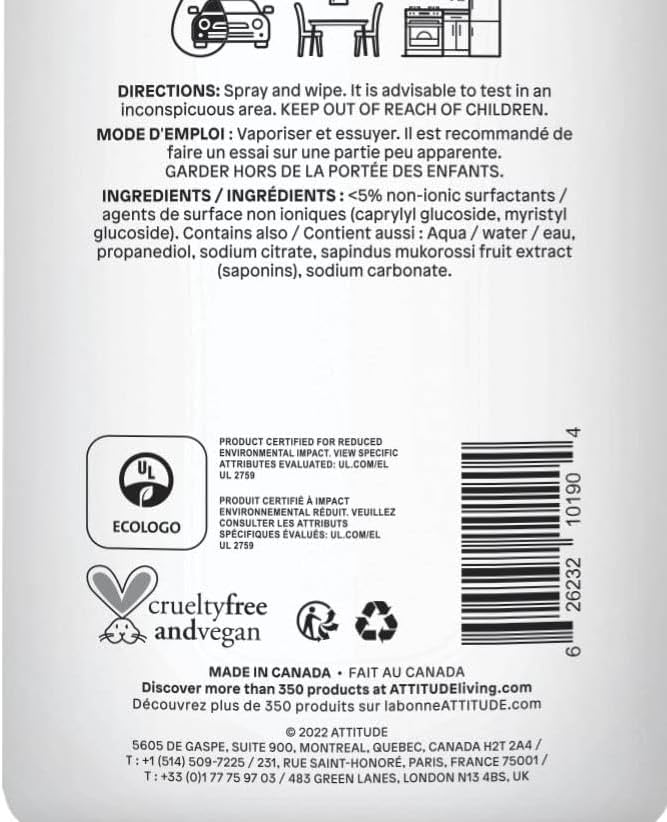 ATTITUDE All Purpose Cleaner Spray, EWG Verified, Vegan, Made with 94% Plant-Based Ingredients, Streak-Free for Kitchen, Bathroom, Glass & More, Unscented, 27.1 Fl Oz