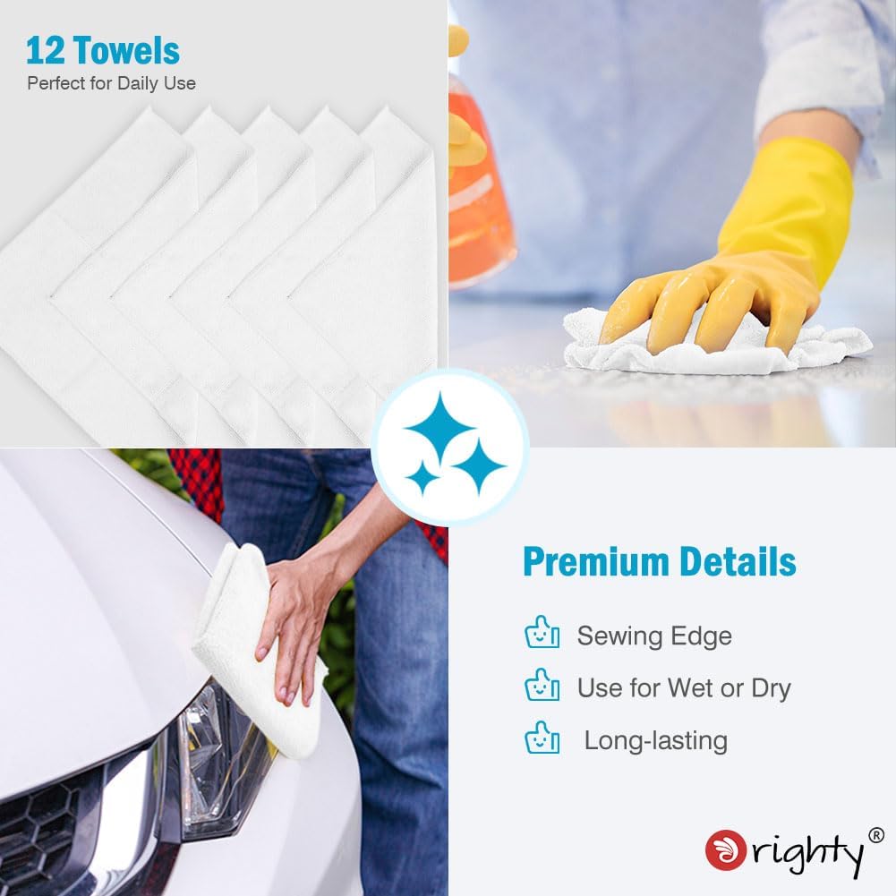 Orighty Microfiber Cleaning Cloth, 12 Pack Microfiber Towels for Cars, Highly Absorbent Car Cleaning Supplies, Lint Free Cloths Clean Rags for Car Care, House, Kitchen, 12x12 inch, White