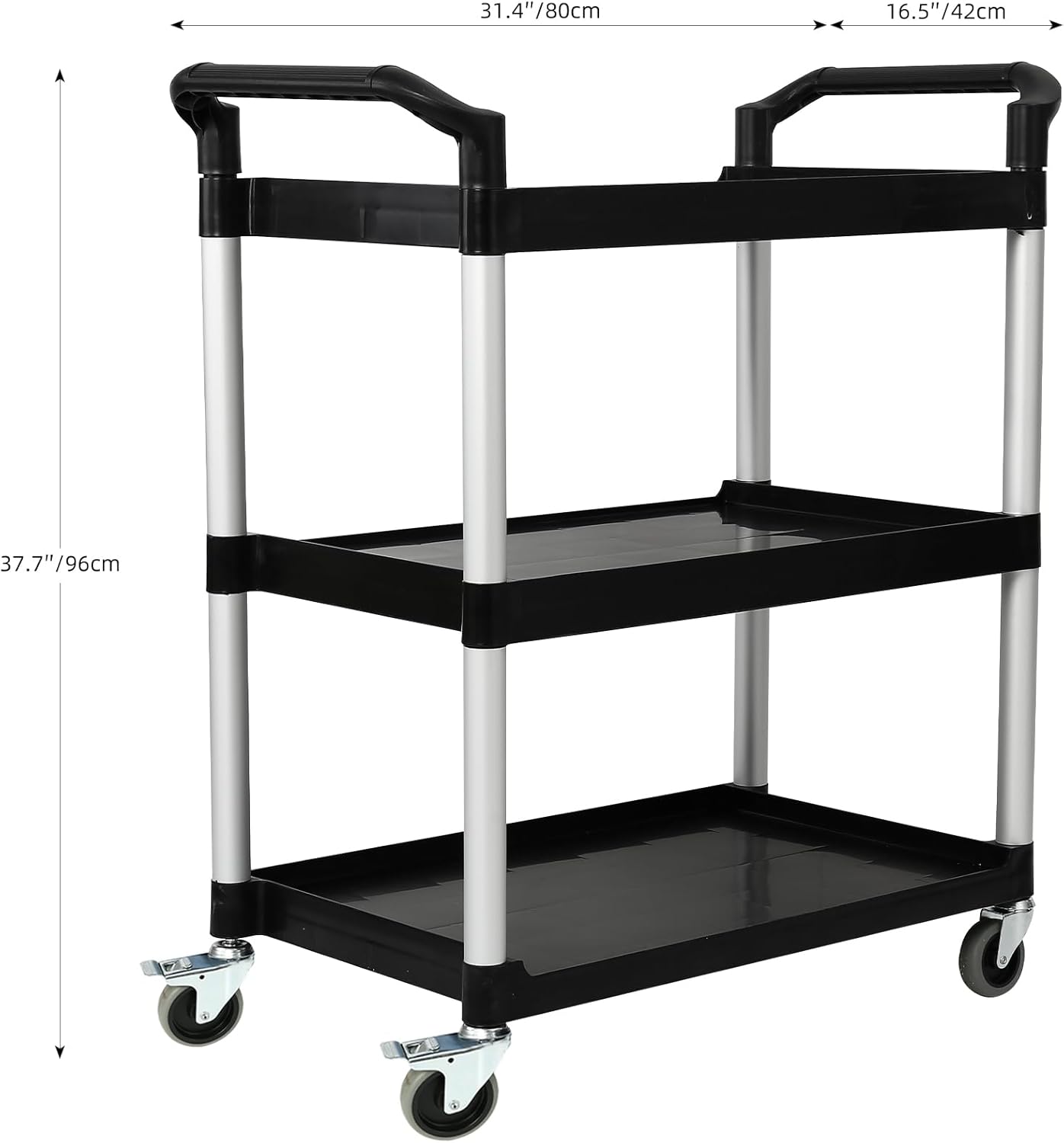 3-Tier Utility Rolling Cart with Wheels, Durable Catering carts with Wheels, Rolling Storage Cart for Hotel Canteen Resturant Office (Black, 34.4" D x 16.5" W x 37.7" H)