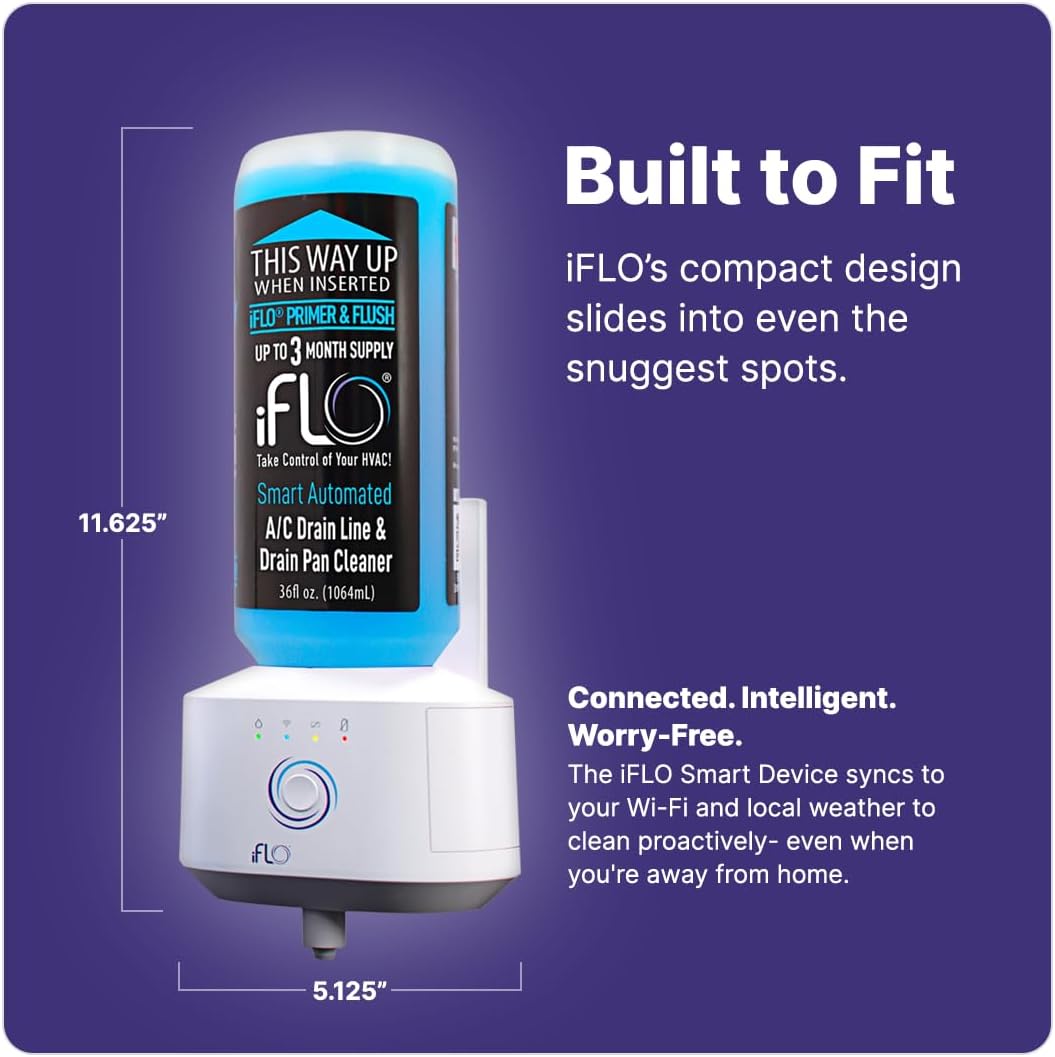 iFLO® Smart A/C Drain Line Cleaner and Drain Pan Cleaner Cartridge, Fast-Acting, Long-Lasting HVAC System Solution for Tough Clogs & Buildup, 3-Month Supply per Bottle, 3 Pack of 36oz