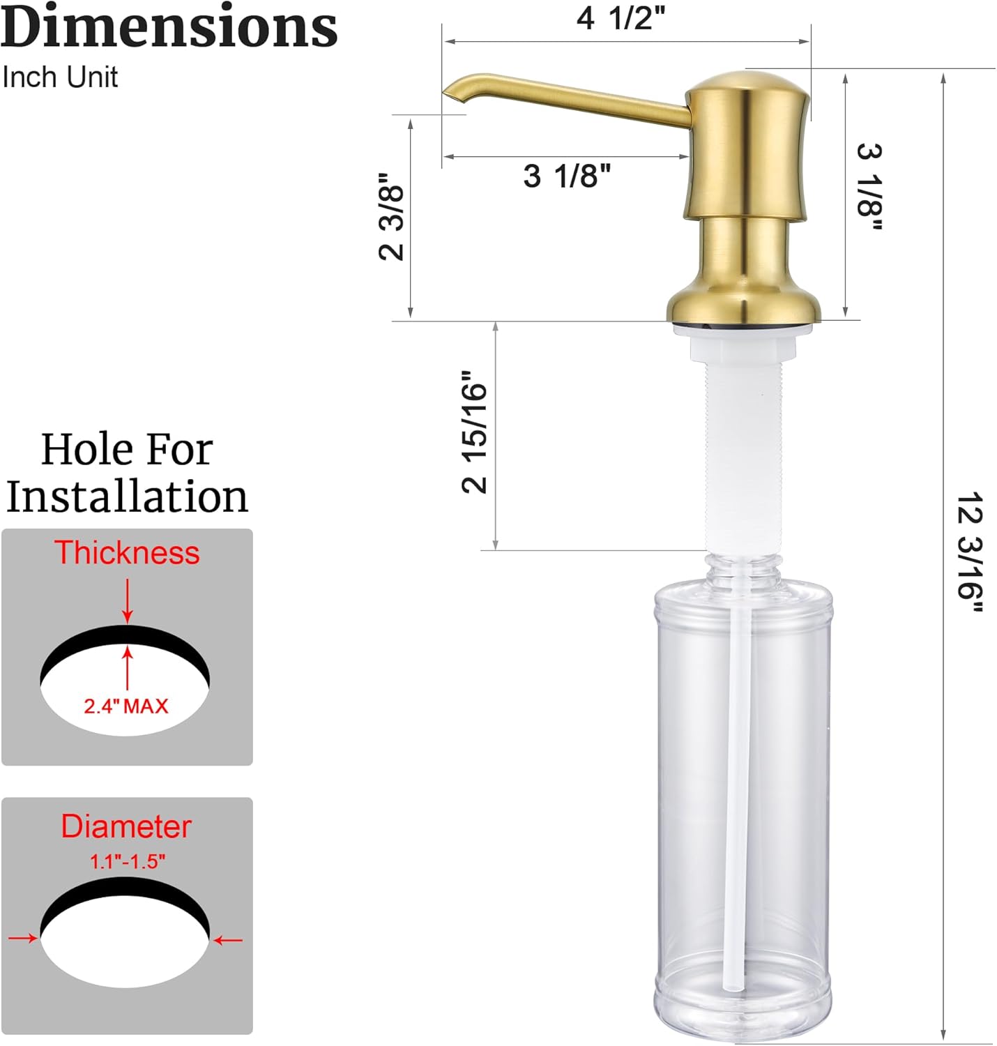 Brushed Gold Sink Soap Dispenser for Kitchen Sink (Gold Brushed),Dish & Hand Liquid Soap Dispenser,Built-in & Refill from Top Type