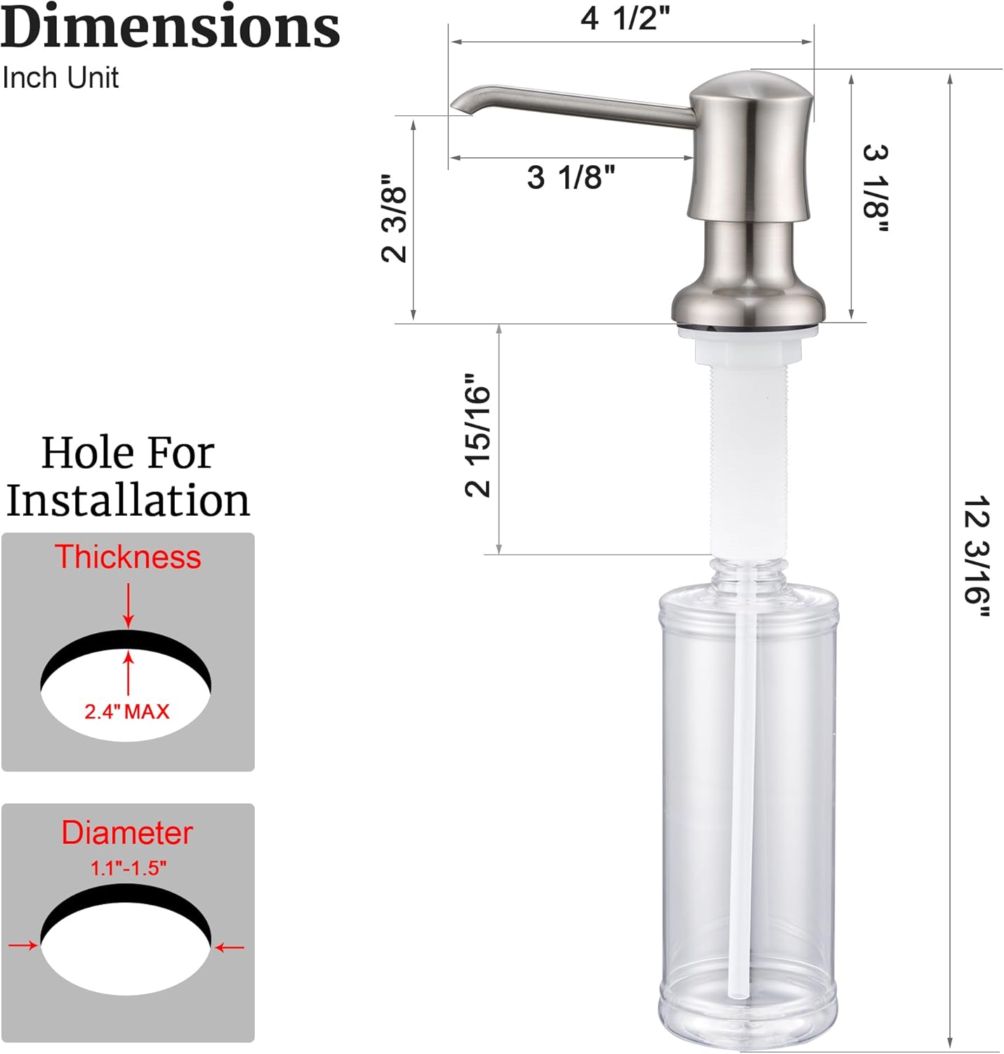 Soap Dispenser for Kitchen Sink Brushed Nickel, Built-in and Refill-from-Top Design with Liquid Hand & Dish Soap Bottle