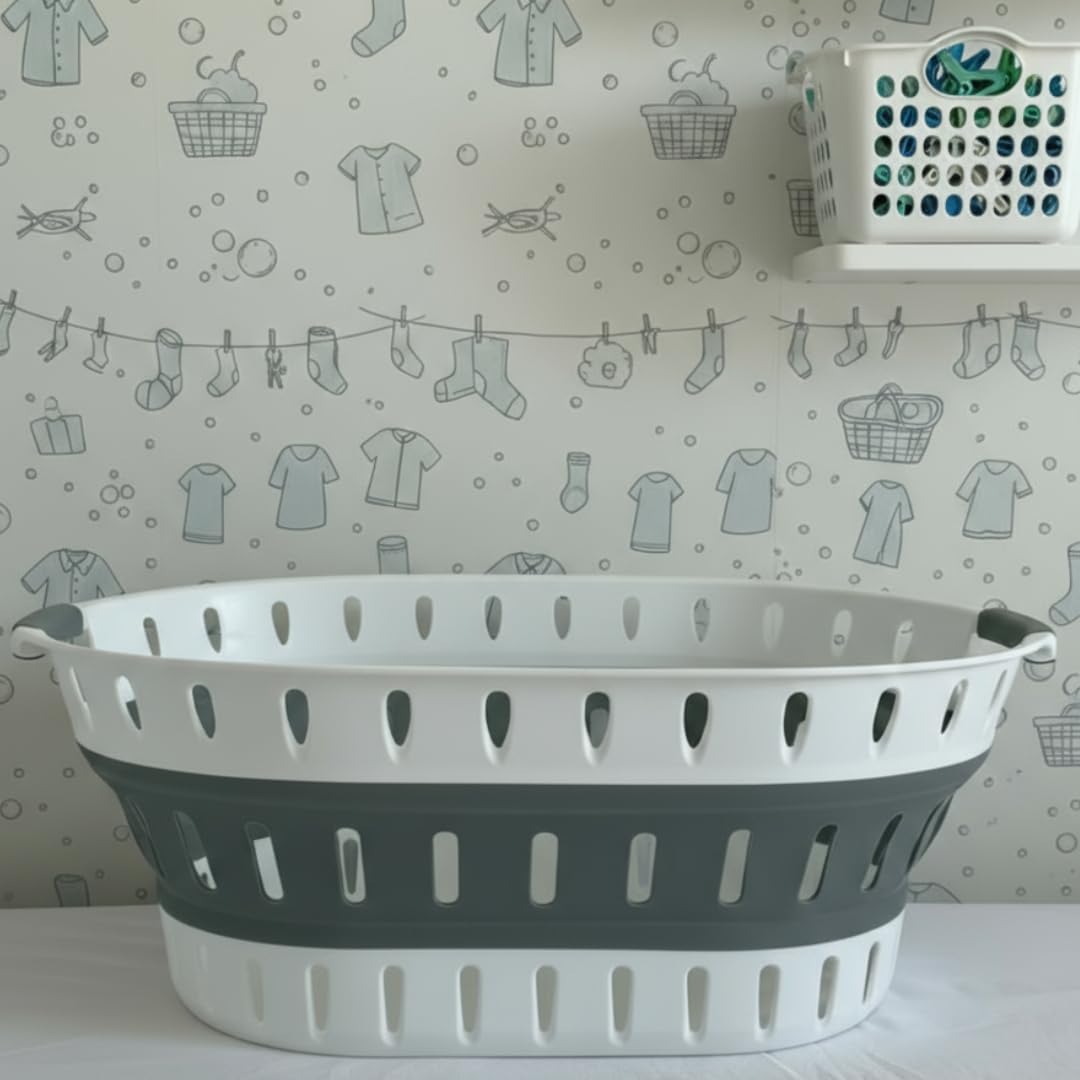 Premium Collapsible Laundry Baskets – Foldable Laundry Basket & Hamper Bin 45L with Handles for Clothes, Ventilated Plastic Storage, White & Grey for Bedroom, Bathroom or Laundry Room