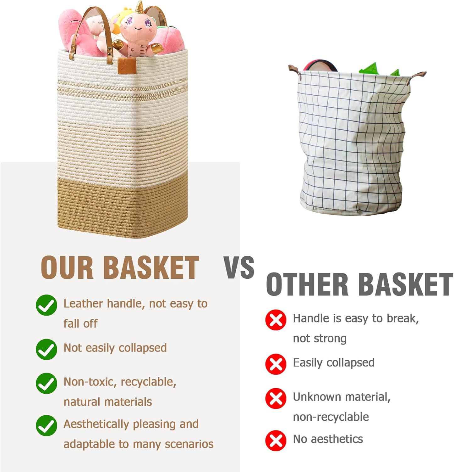 danpinera Large Laundry Hamper – 75L Tall Woven Cotton Storage Basket with Leather Handles, Slim Dirty Clothes Hamper, Decorative Storage Basket for Blanket,Toys White & Jute