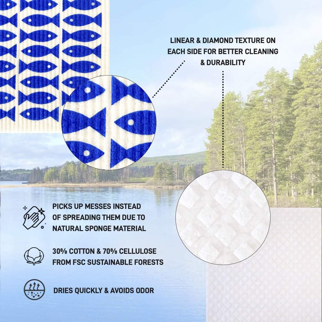 Nordhus Design Swedish Dishcloths,5 Fish Cloths, Made in Sweden - Reusable, Washable Cellulose Cotton Kitchen Cloths - Replace Paper Towels, Wipes, Sponges, Dish Rags