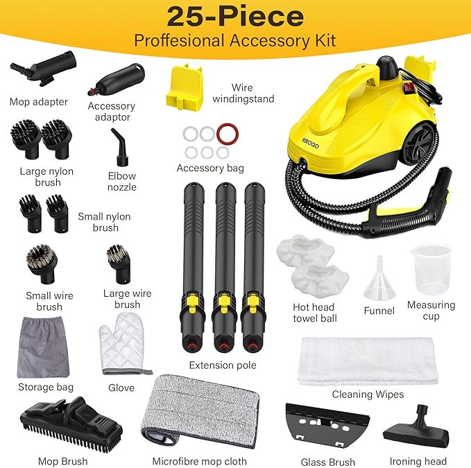 Steam Cleaner For Home, Steam Mop with 23 Accessories, Powerful Multipurpose Steamer for Cleaning to Remove Grime, Grease, 16.4ft Power Cord, Grout, Floor. Sofas, Upholstery