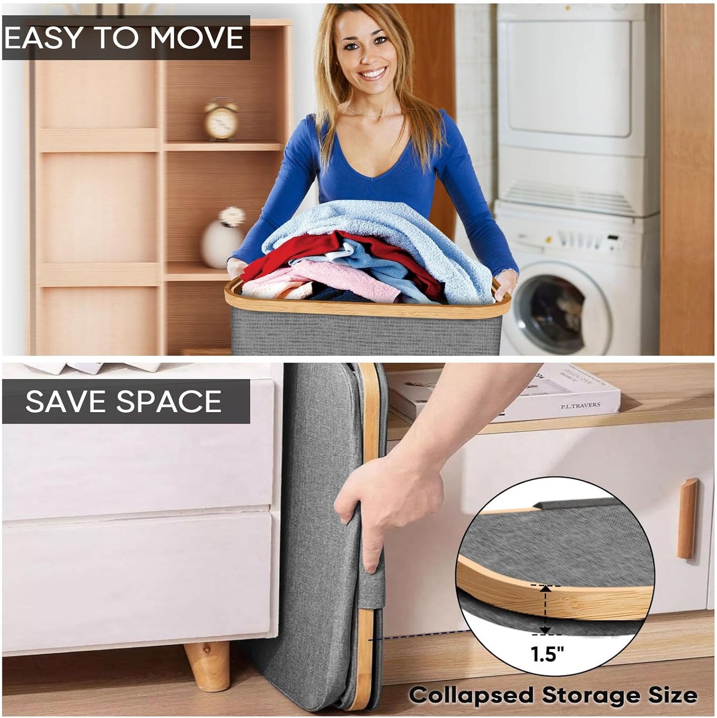 BALEINE Laundry Hamper with Lid, Tall Laundry Baskets with Bamboo Pull Handles, Large Laundry Bin with Internal Support (36 Gal/140L, Black)