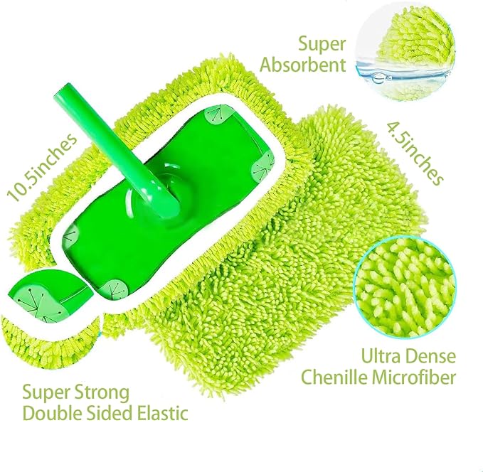 6 Pack Reusable Mop Pads Refill Compatible with Swiffer Sweeper Mop, Microfiber Wet Mopping Cloths for Floor Cleaning, Ideal for Home Cleaning Washable Floor (Green-6 Pack)