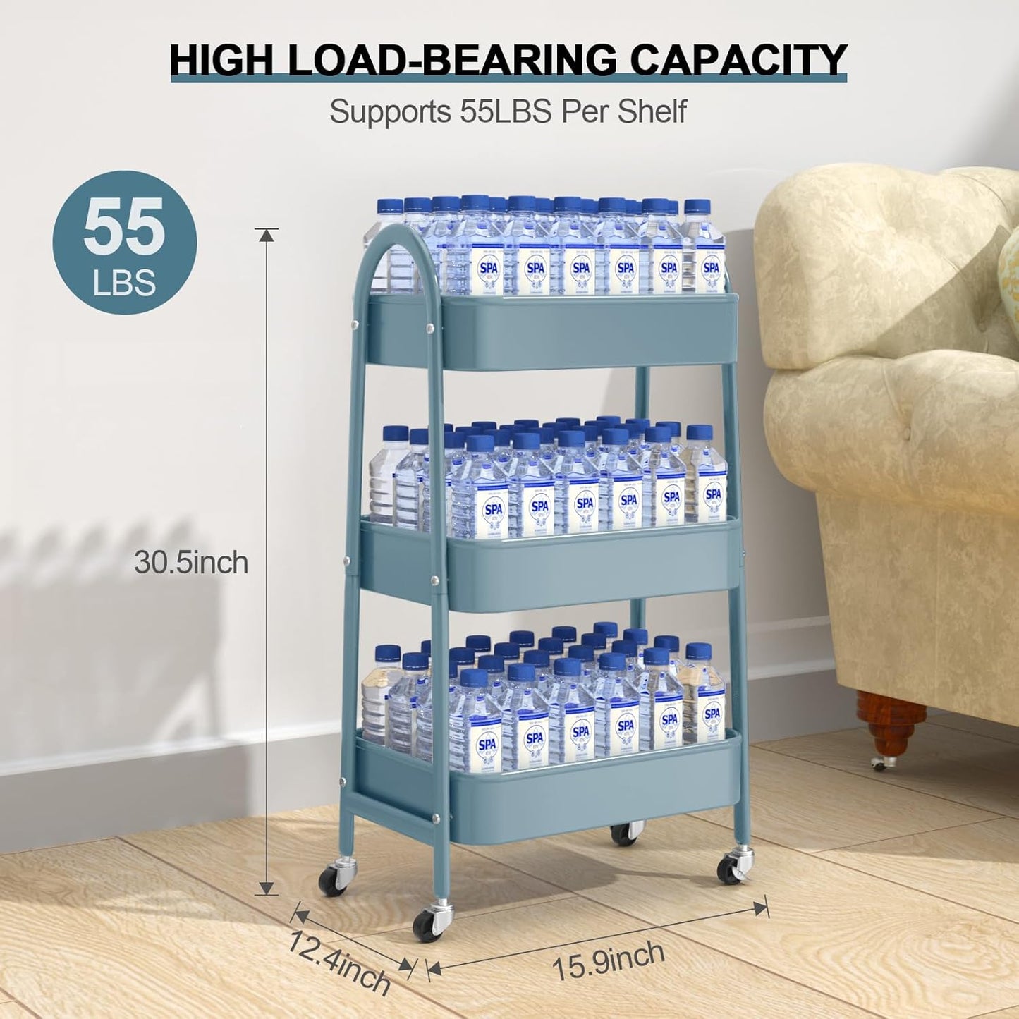 3 Tier Utility Rolling Cart, EAGMAK Metal Storage Cart with Handle and Lockable Wheels, Multifunctional Storage Organizer Trolley with Mesh Baskets for Kitchen, Living Room, Office, Garage (Blue)