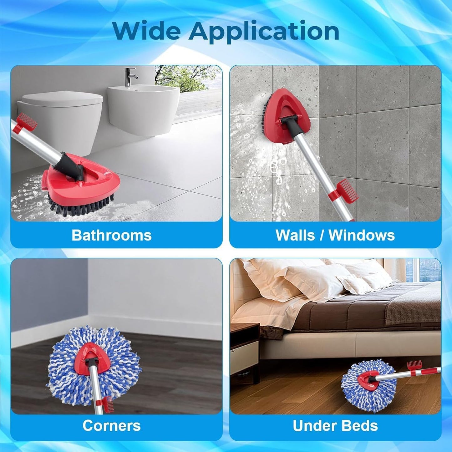 2 Pack Spin Mop Heads Replacement Compatible with O Cedar RinseClean 2 Tank, Upgraded Scrub Brush,4 Section Mop Handle and 1 Base Combo Set, Microfiber Replace Head Refill