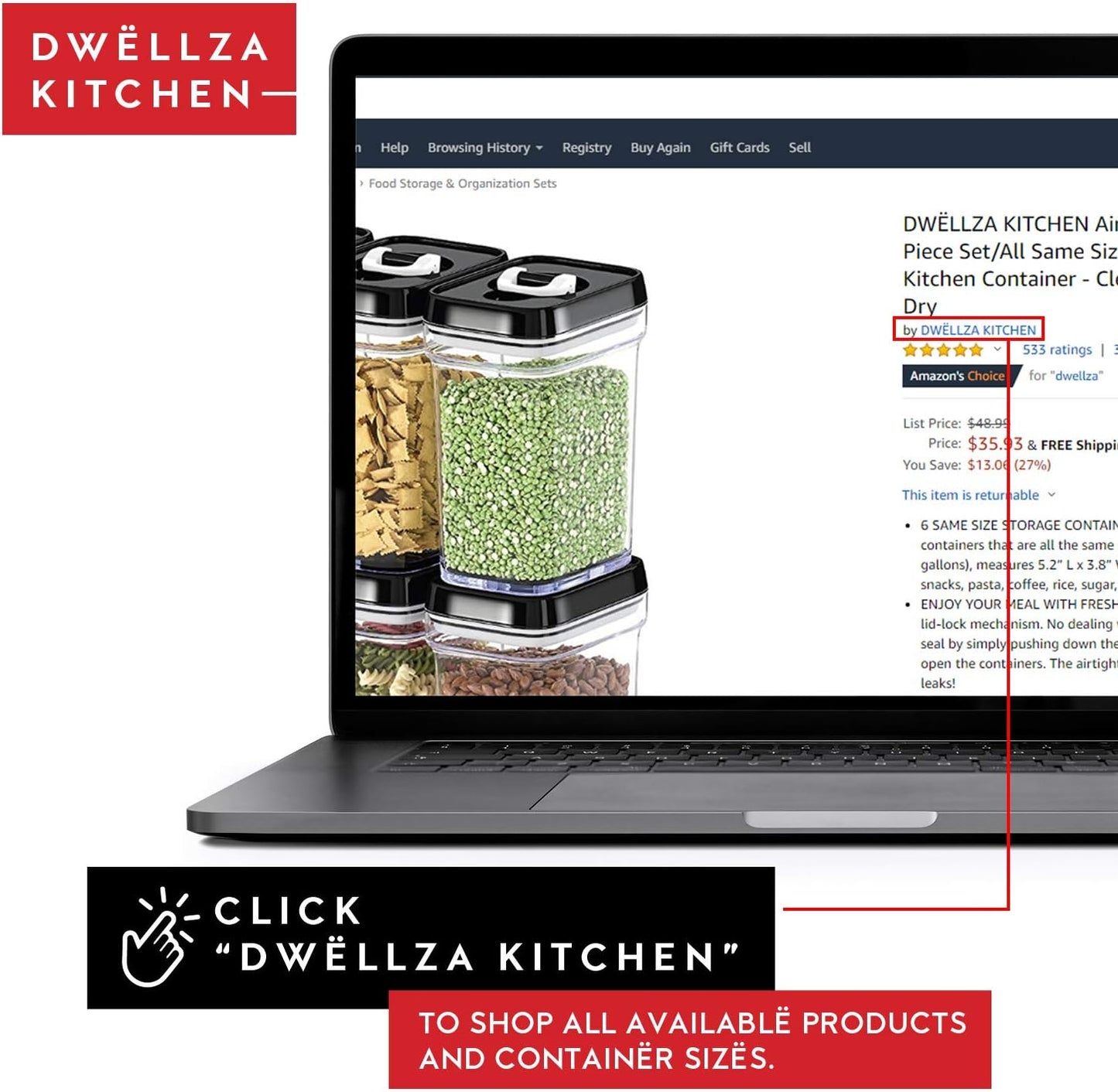 DWËLLZA KITCHEN Airtight Food Storage Containers with Lids - 5 Piece Set - Kitchen Accessories Food Containers - Pantry Organization and Storage - Clear Plastic BPA-Free - Keeps Food Fresh & Dry