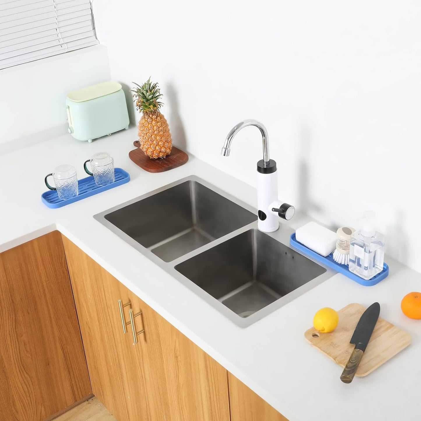 Silicone Kitchen Sink Organizer Tray for Multiple Usage,Eco-Friendly Sponges Holder for Kitchen Bathroom Counter or Sink,Dish Soap Dispenser,Scrubber,Bottle,Cup (Lichen Blue, 12"×4")