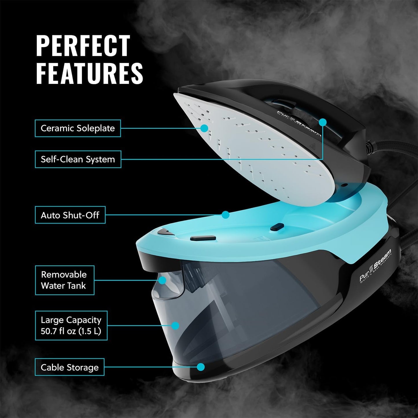 Pursteam Steam Station Max Ceramic Soleplate Steam Iron for Clothes 1500W, 50.7oz Removable Water Tank, Fast Heat Up Self-Clean, Auto Shut-Off, Professional Iron Steamer for Ironing