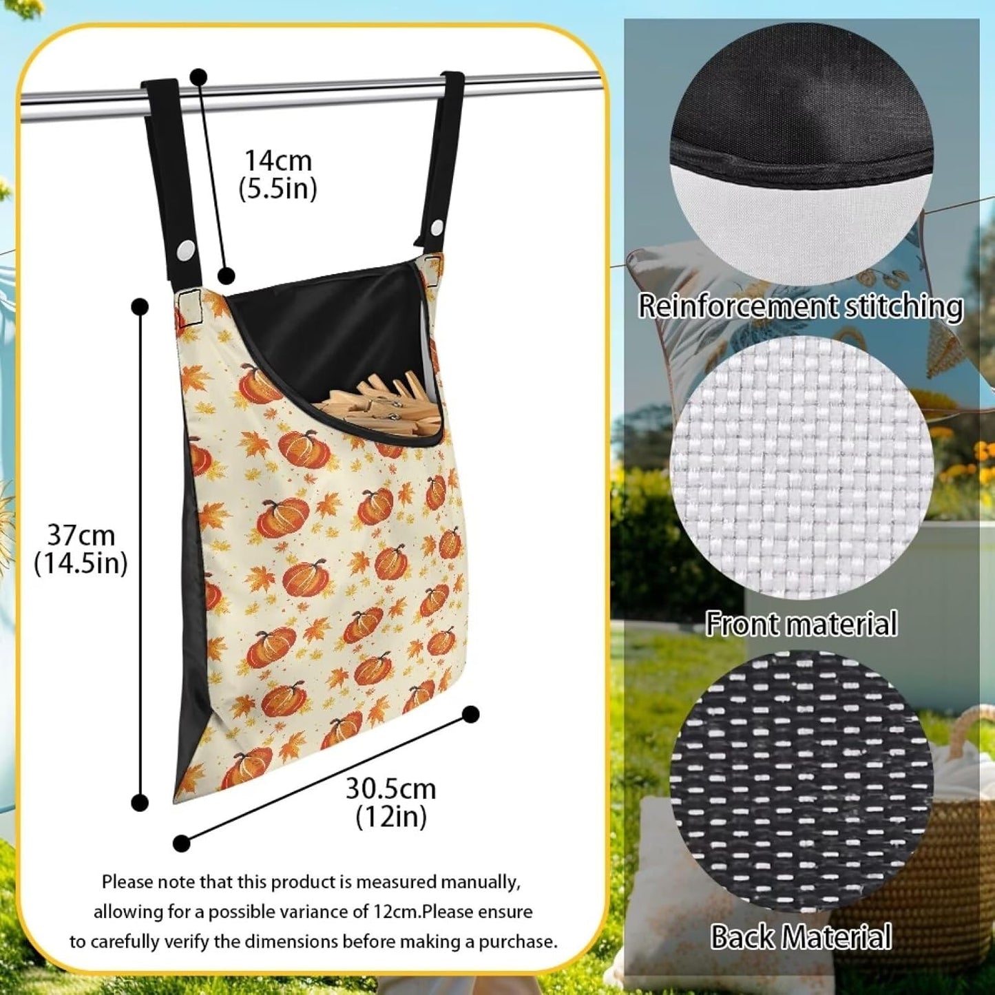 Pumpkin Clothes Pin Bags Clothespin Bag Holder Clothespin Holder 14.5 x 12 Inch Clothespin Bag for Clothesline Outdoor Outside Laundry Room Lightweight Clothespin Bag for Easy Hang, CZB94