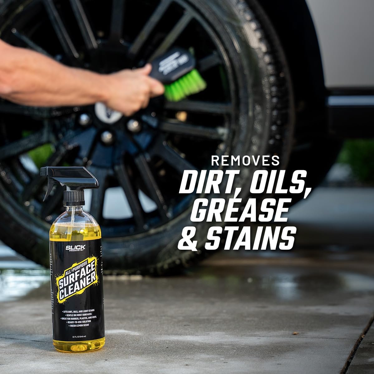 Slick Products All-Purpose Surface Cleaner – Multi-Surface Car Interior & Exterior Cleaner for Vinyl, Plastic, Rubber, Carpet & Upholstery – Fresh Lemon Scent – 32 oz.