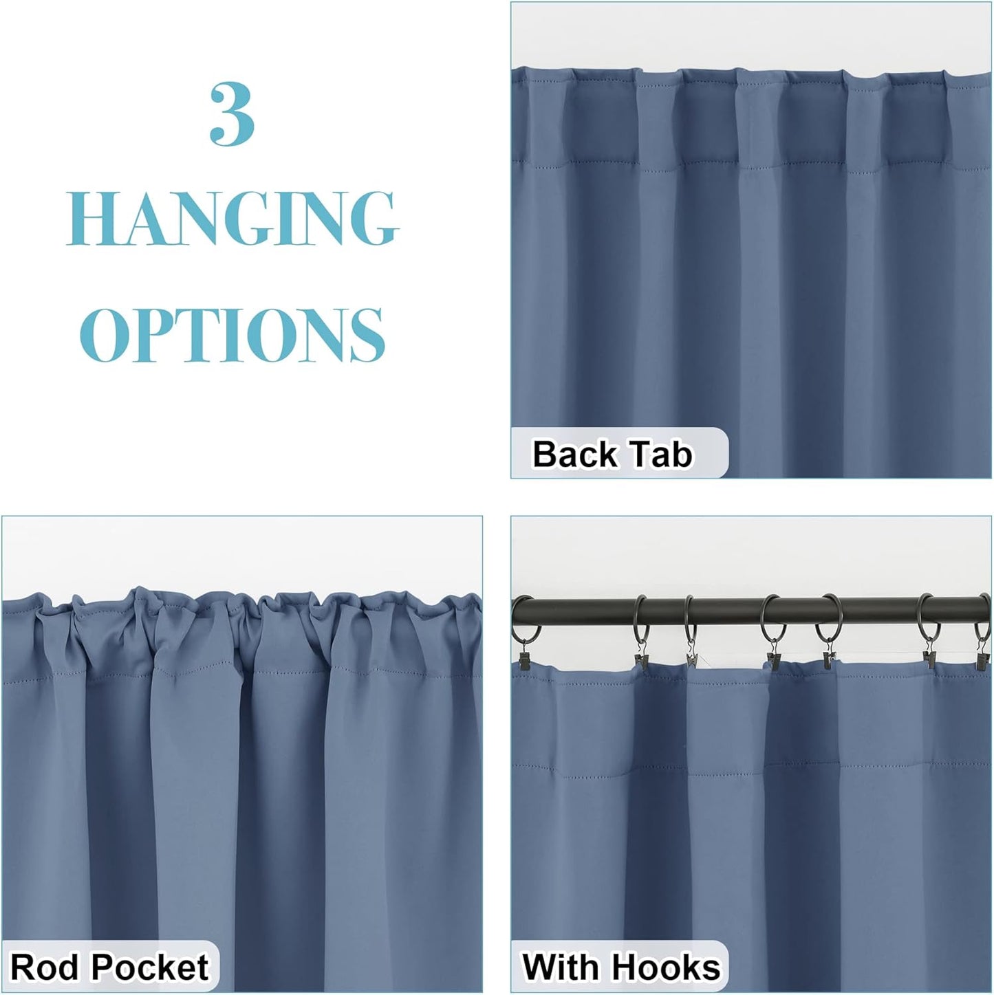 RYB HOME Blackout Curtains for Kitchen, Room Darkening Half Window Treatment Energy Saving Privacy Valances Tiers for Bedroom Bathroom Dining Room, Stone Blue, W42 x L45 inch, 2 Panels