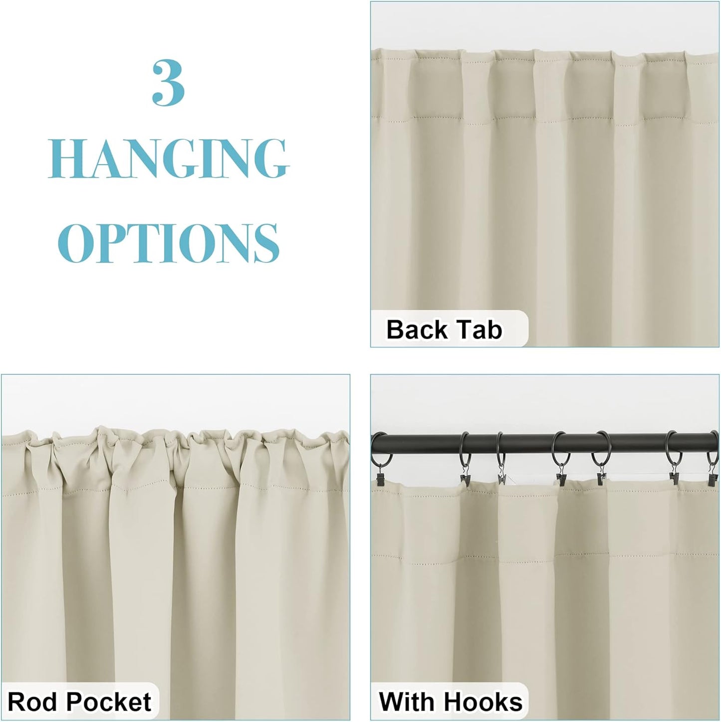 RYB HOME Blackout Curtains for Living Room, Back Tab & Rod Pocket Top Insulating Window Decor for Bedroom Dining Classroom Home Office, W 62 x L 63, Beige, 2 Panels