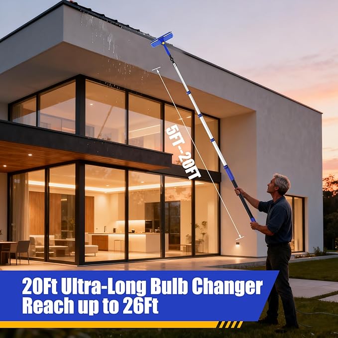 26FT Light Bulb Changer for High Ceilings with 5-20FT Heavy Duty Extension Pole,High Ceiling Fan Duster Extendable Reusable Cobweb,Feather,Window Cleaning Squeegee Kit for Home & House,Interior Roof
