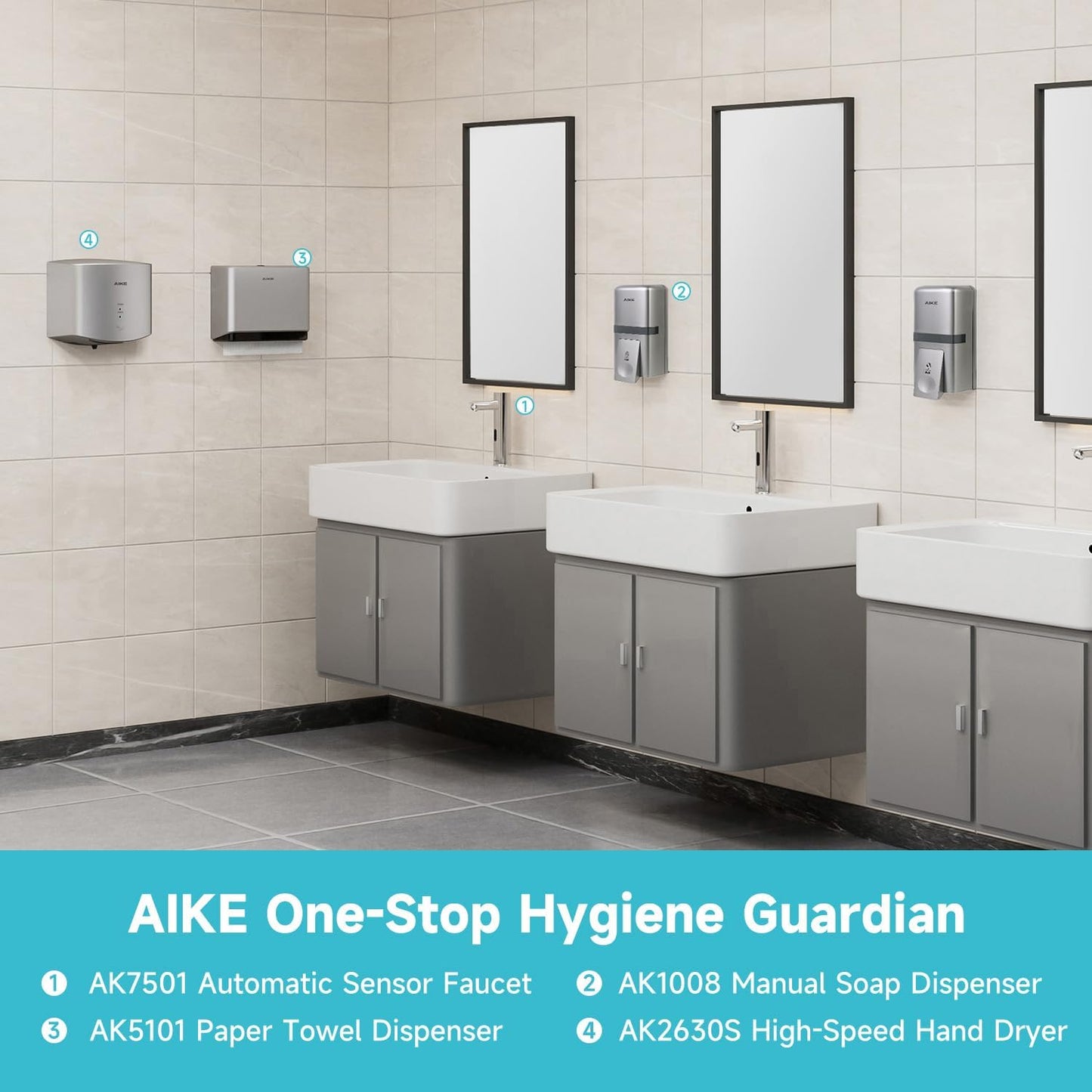 AIKE Wall Mount Liquid Soap Dispenser, 27oz Large Capacity with Extended Pump for Commercial Bathrooms(Silver)