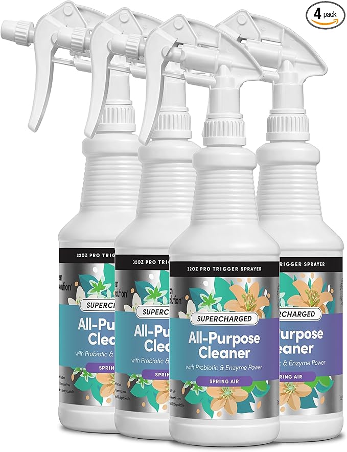Clean Revolution SuperCharged All Purpose Cleaner Refill with Smart Probiotic + Enzyme Complex, Multi-Surface Kitchen Bathroom & Floor Cleaner, Spring Air, 32 Fl Oz (Pack of 4)