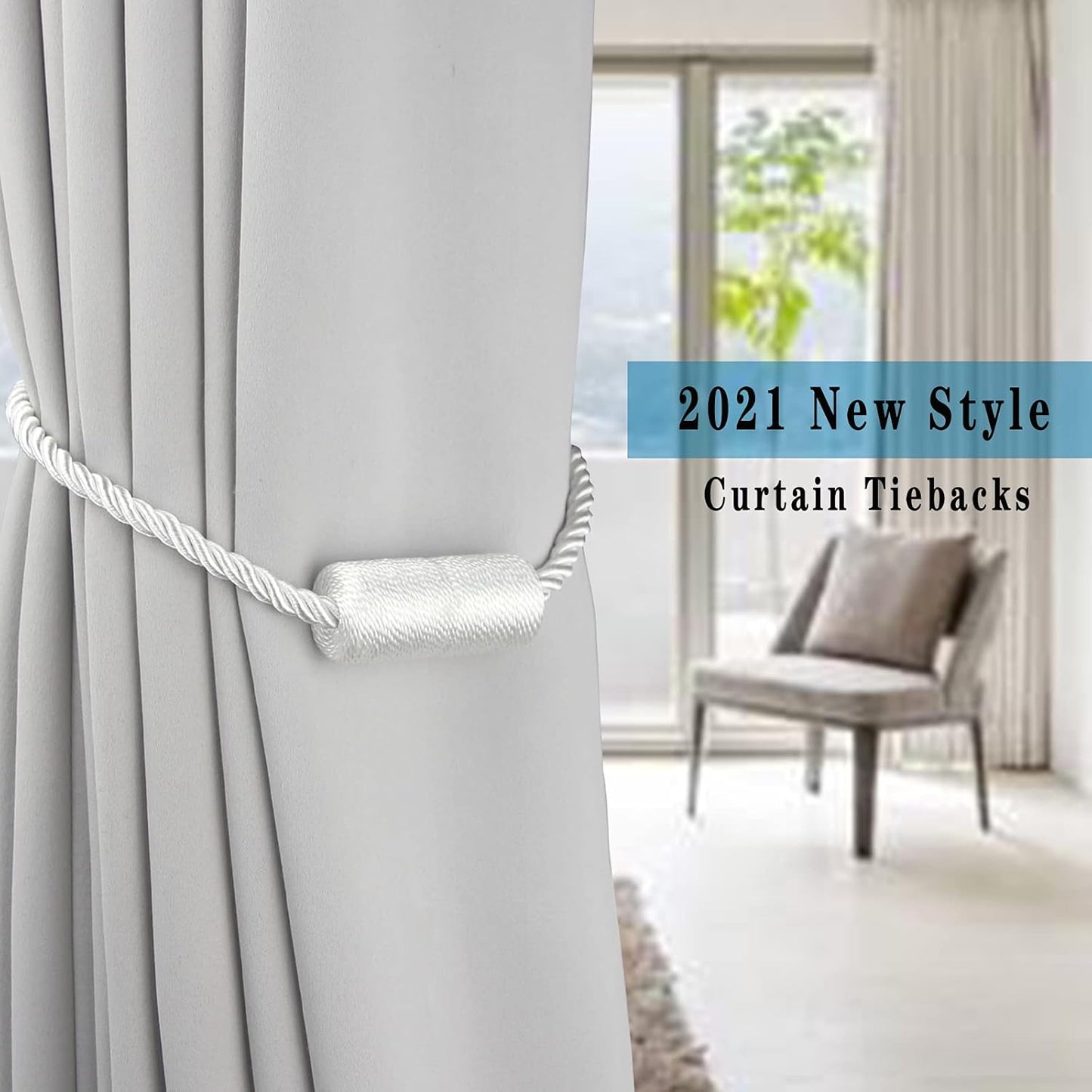4 Pack White Strong Magnetic Curtain Tiebacks Outdoor Elegant Decorative Tie Backs Modern Rope Tiebacks for Drapes Window Curtain Holdbacks for Draperies