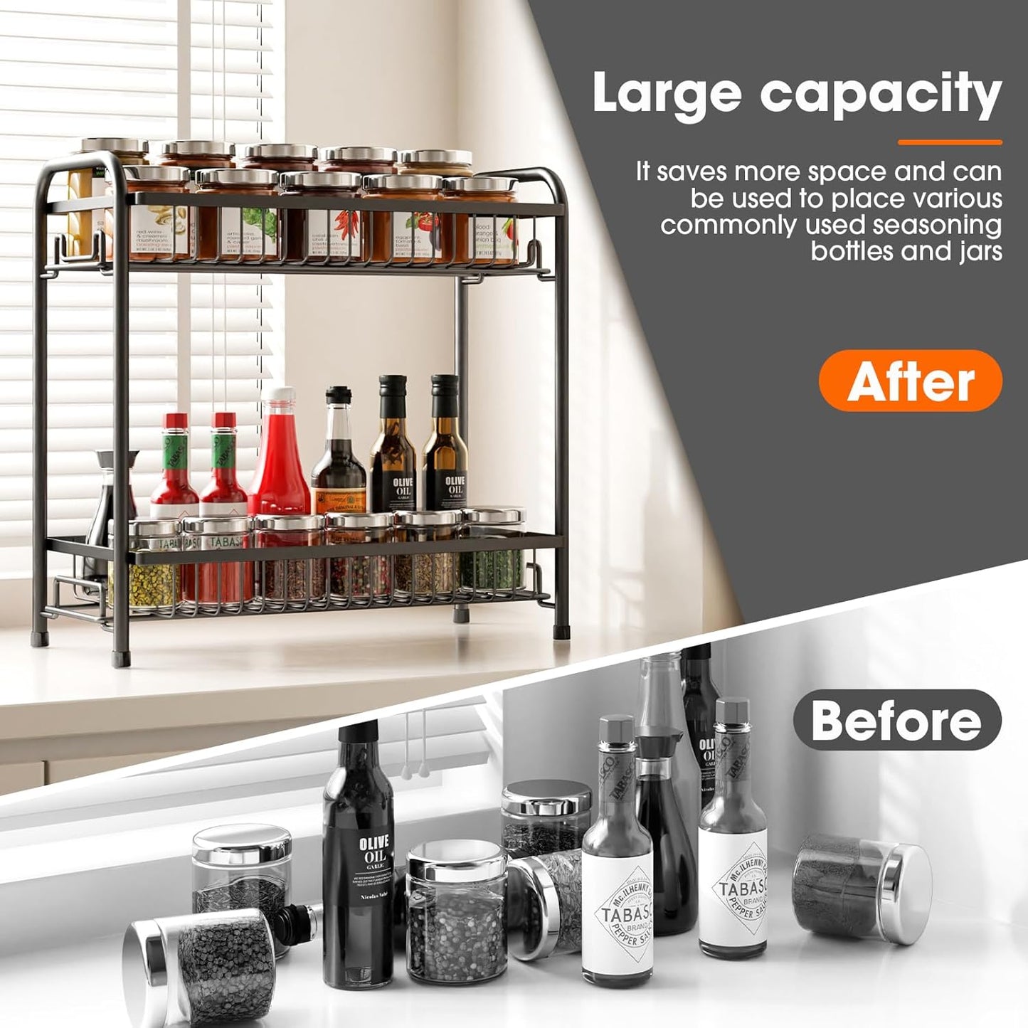 Spice Rack for Countertop, 2-Tier Standing Sturdy Metal Seasoning Organizer Holder, Space Saving Spice Shlef for Kitchen, Cabinet, Pantry Storage, Easy Assembly, Black