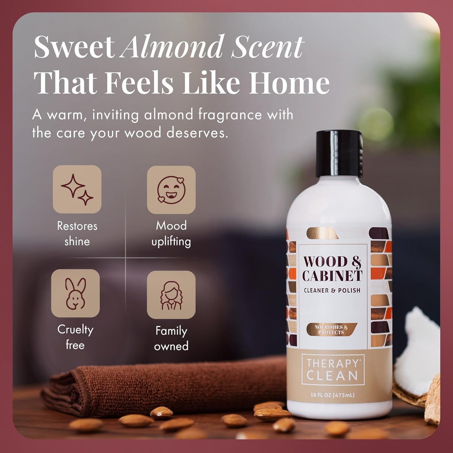 Therapy Wood Polish Bundle with Microfiber 16 oz. - Wood Furniture Polish, Best Furniture Cleaner - Almond Scent - Cleaner, Cabinet and Table Restorer, Natural Conditioner