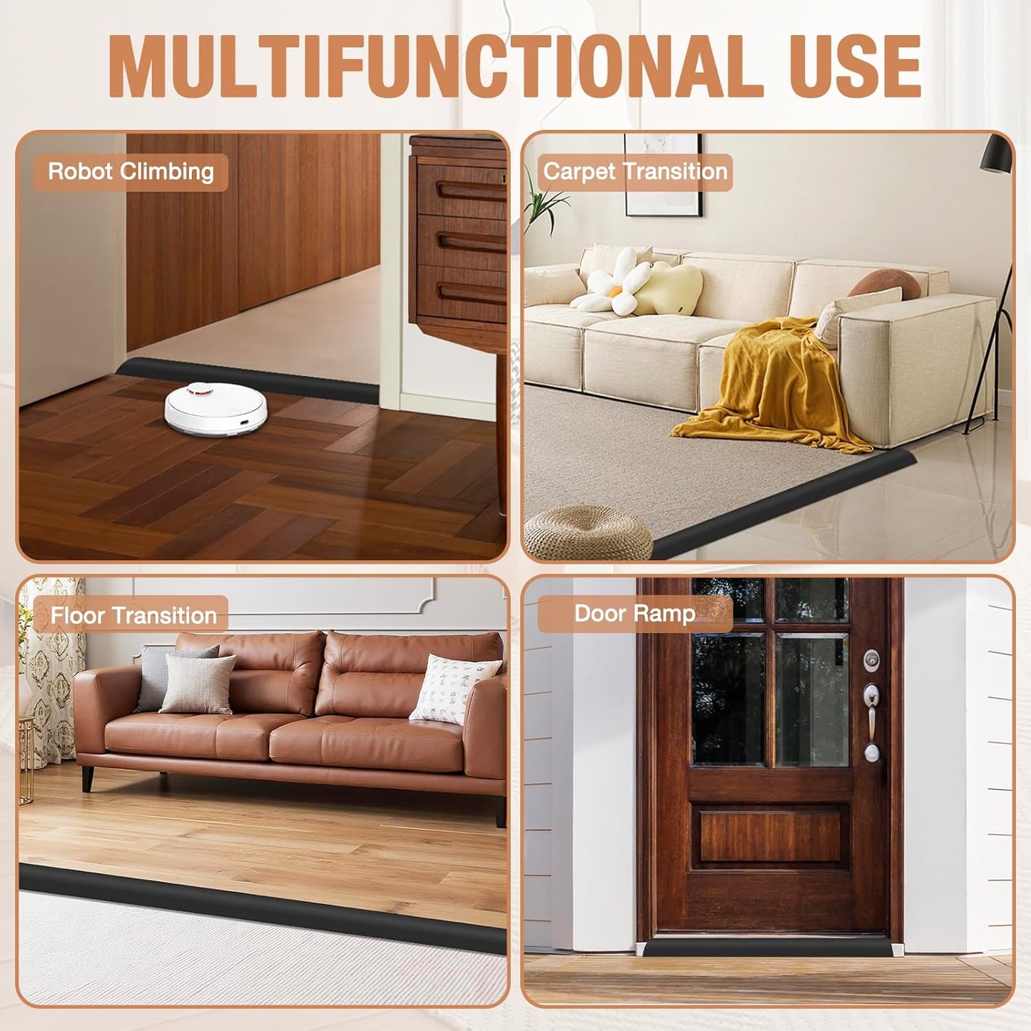 Floor Transition Strip Self Adhesive Vinyl Door Threshold for Doorways Carpet Edging Trim Overlap Edge Reducer for Laminate Floor, Carpet, Tile (Black, 1/5" to 2/5", 3.3Ft)