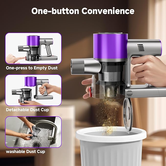 Cordless Stick Vacuum Cleaner, 40Kpa Powerful Suction Vacuum Cleaner with LED Headlight, Detachable Battery, 8-in-1 Lightweight Handheld Vacuums for Pet Hair Carpet and Hardwood Floor, Purple