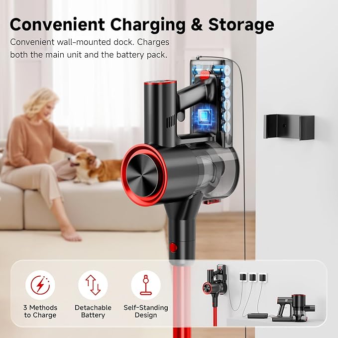 Cordless Stick Vacuum Cleaner, 40Kpa Powerful Suction Vacuum Cleaner with LED Headlight, Detachable Battery, 8-in-1 Lightweight Handheld Vacuums for Pet Hair Carpet and Hardwood Floor, Red