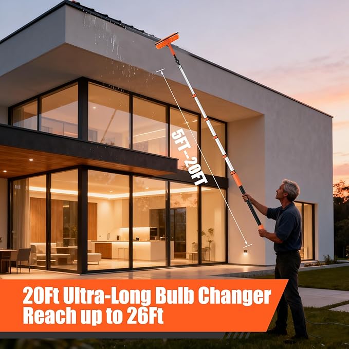 26FT Light Bulb Changer for High Ceilings with 5-20FT Heavy Duty Extension Pole,High Ceiling Fan Duster Extendable Reusable Cobweb,Feather,Window Cleaning Squeegee Kit for Home & House,Interior Roof