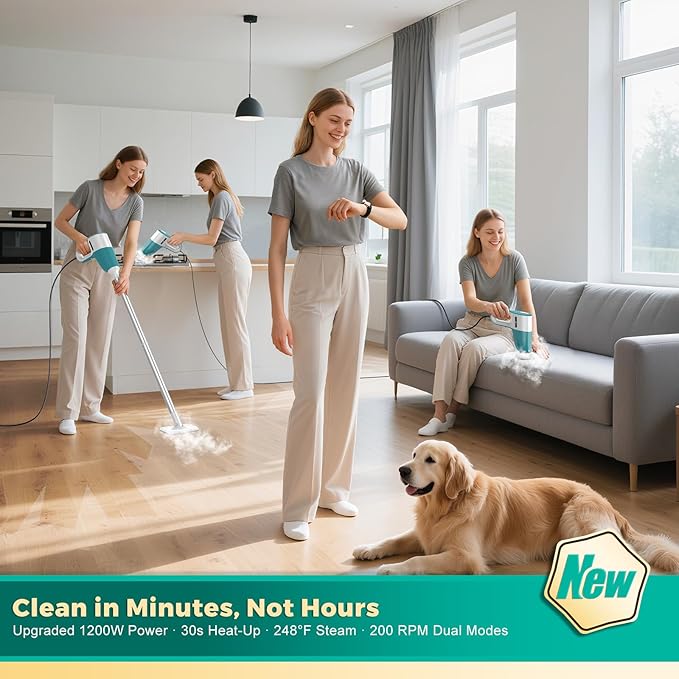Steam Cleaner with Electric Spin Brush, No Manual Scrubbing, 1200W 2-in-1 Steamer for Cleaning Tool, 2 Modes, 11 Accessories, Detachable Long Handle for Home, Floor, Tile, Grout, Bathroom(Green)