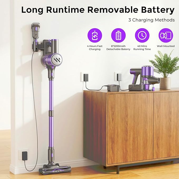 Vacuum Cleaners for Home,Cordless Vacuum Cleaner,Lightweight Stick Vacuum Cordless Rechargeable,Self-Standing Design,LED Touch Screen,Vacuum for Hardwood Floors,Carpet,Pet Hair(Deep Purple)