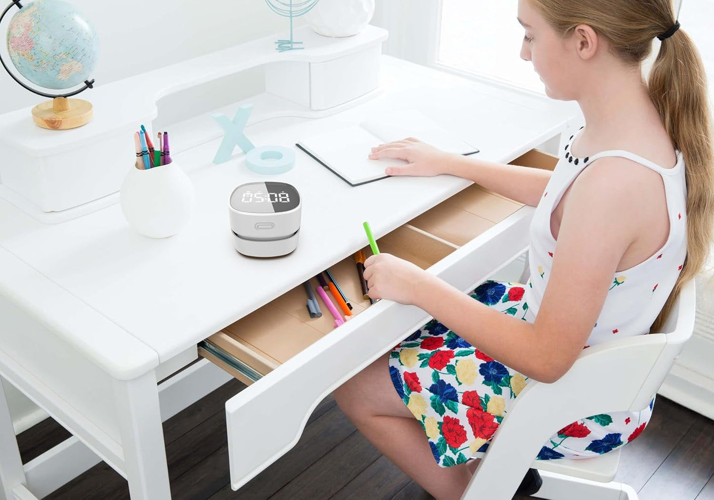 ODISTAR Counter Vacuum Cleaner,Mini Table dust Sweeper Energy with Digital Timer,Endurance up to 400 mins,360º Rotatable for Cleaning Rubber shavings,Crumbs Keyboard of Gifts for Kids(White)