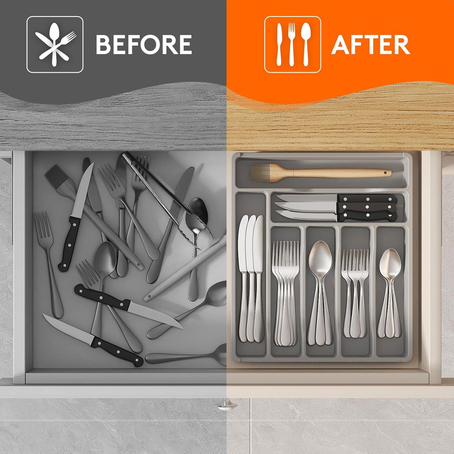 Lifewit Silverware Drawer Organizer Tray, Plastic Cutlery Storage for Kitchen Drawer, Flatware and Utensil Holder Divider for Spoons Forks Knives Tableware, 7 Compartment, Gray
