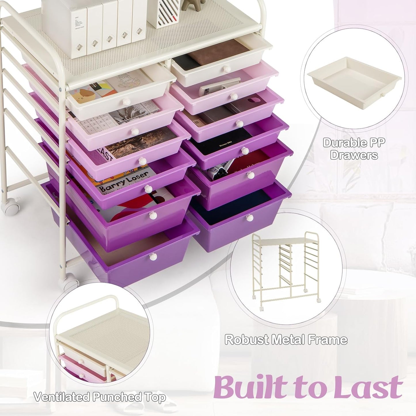 GOFLAME 12-Drawer Rolling Storage Cart, Multipurpose Organizer Cart with 2 Sizes Plastic Drawers, Mobile Utility Cart with Lockable Casters for School, Home Office, Beauty Salon, Purple Gradient