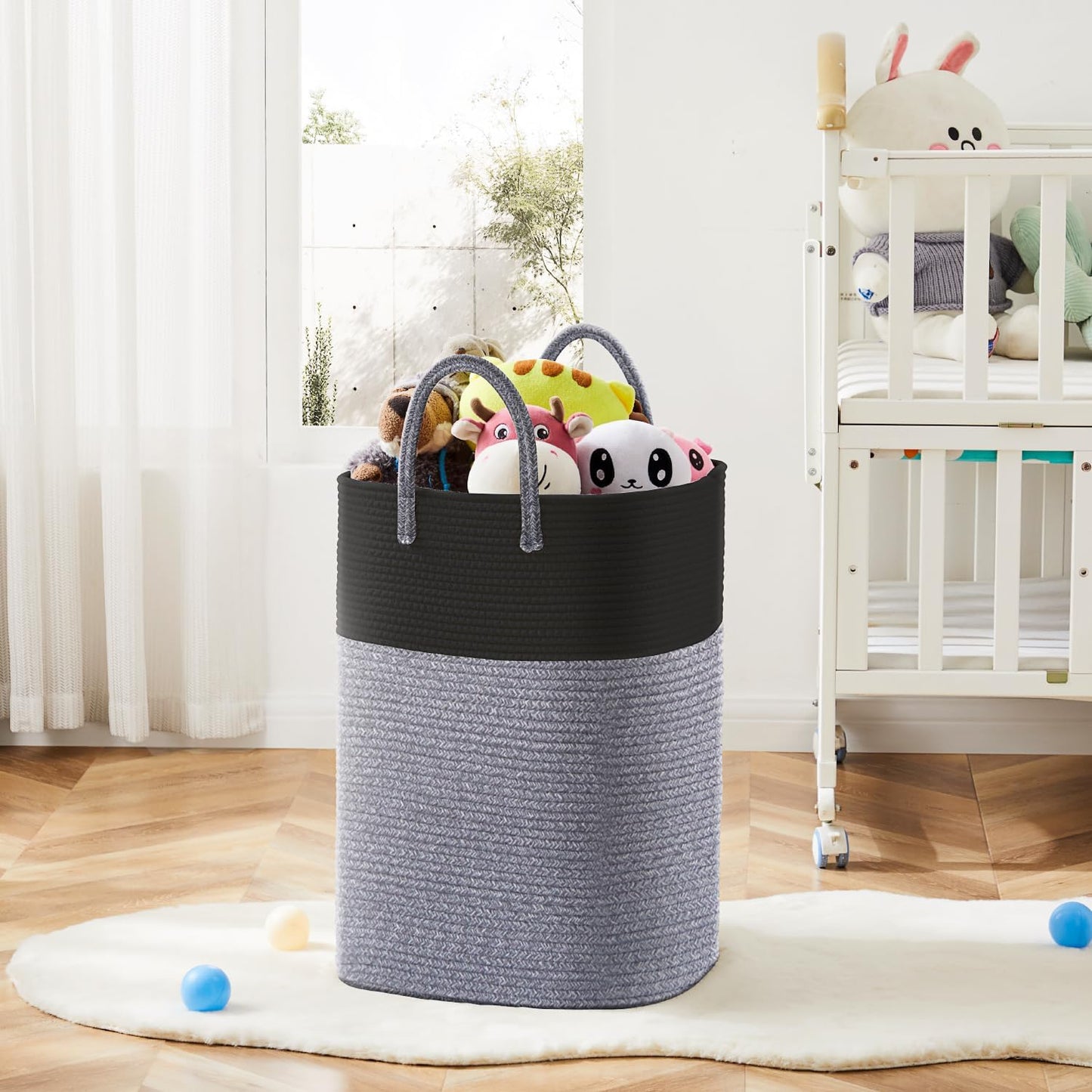 Laundry Basket,Woven Cotton Rope Laundry Hamper,Versatile Storage for Dirty Clothes,Baby Toys,and Blankets in Bathroom, Nursery,and Living Room (Black, 60L)