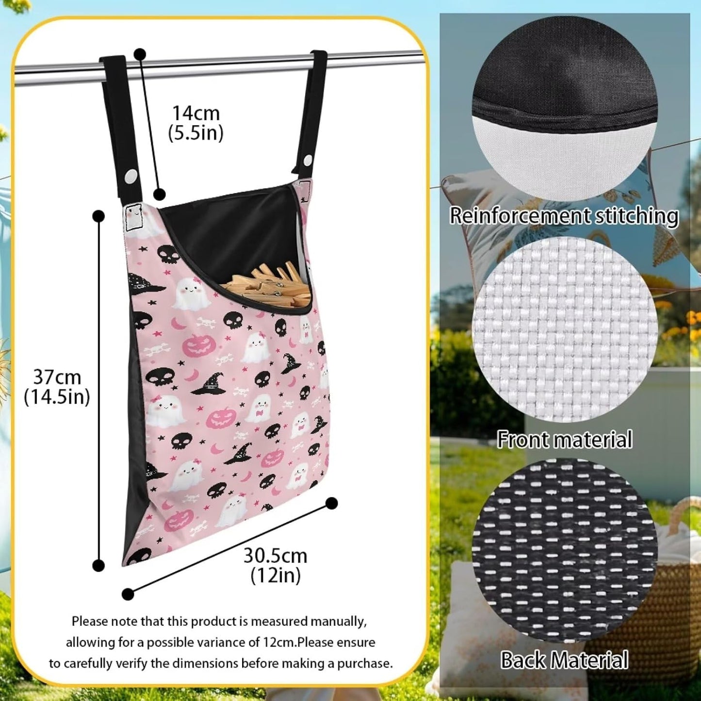 Clothes Pin Hanging Bag, Clothespin Bag with Large Opening, Lightweight Hanging Laundry Bag, Clothespin Storage Organizer Fit On A Rod - Halloween