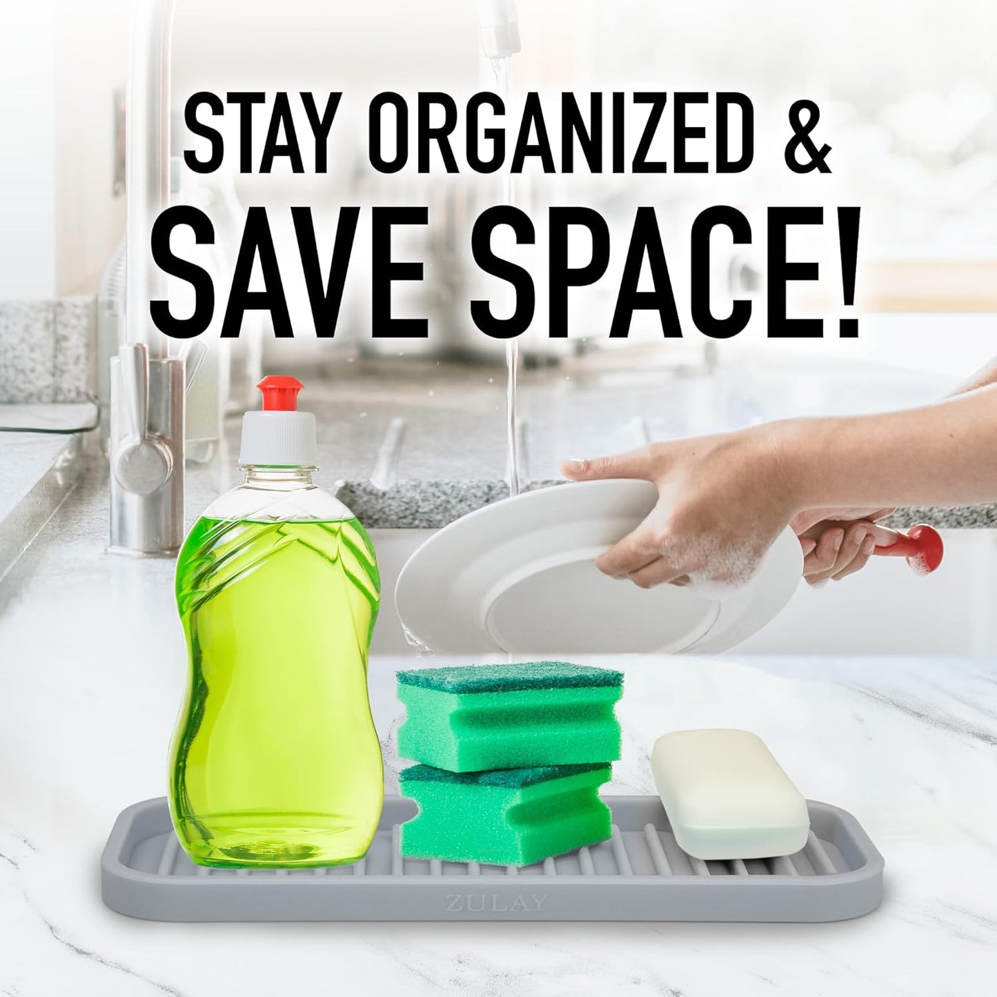 Zulay Kitchen (9x3.5) Silicone Sponge Holder for Kitchen Sink - Flexible Multipurpose Soap Tray - Sink Organizer for Kitchen, Bathroom, Makeup, Trinkets & More (Gray)
