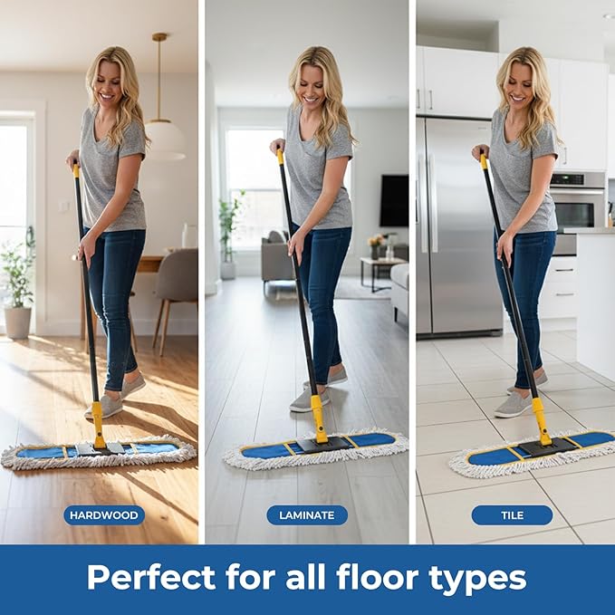 24" Dust Mop for Floor Cleaning, Large Areas Dry & Wet Mop with 2 Washable Cotton Pads, Efficiently Picks Up Pet Hair & Dust for Hardwood, Tile, Laminate, Patio