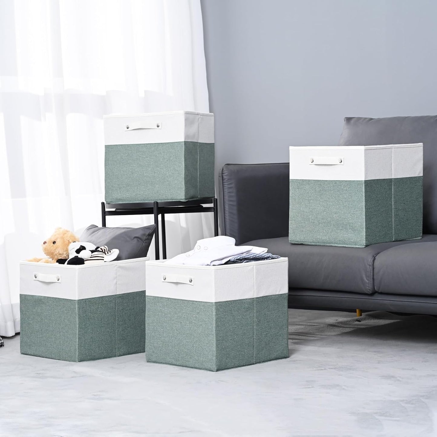 13 x 13 Inch Fine Linen Storage Bins with Handles,Fabric Cube Boxs,Collapsible Basket Organizers for Shelves for Home, Closet Drawers (White/Green-4 Pack )