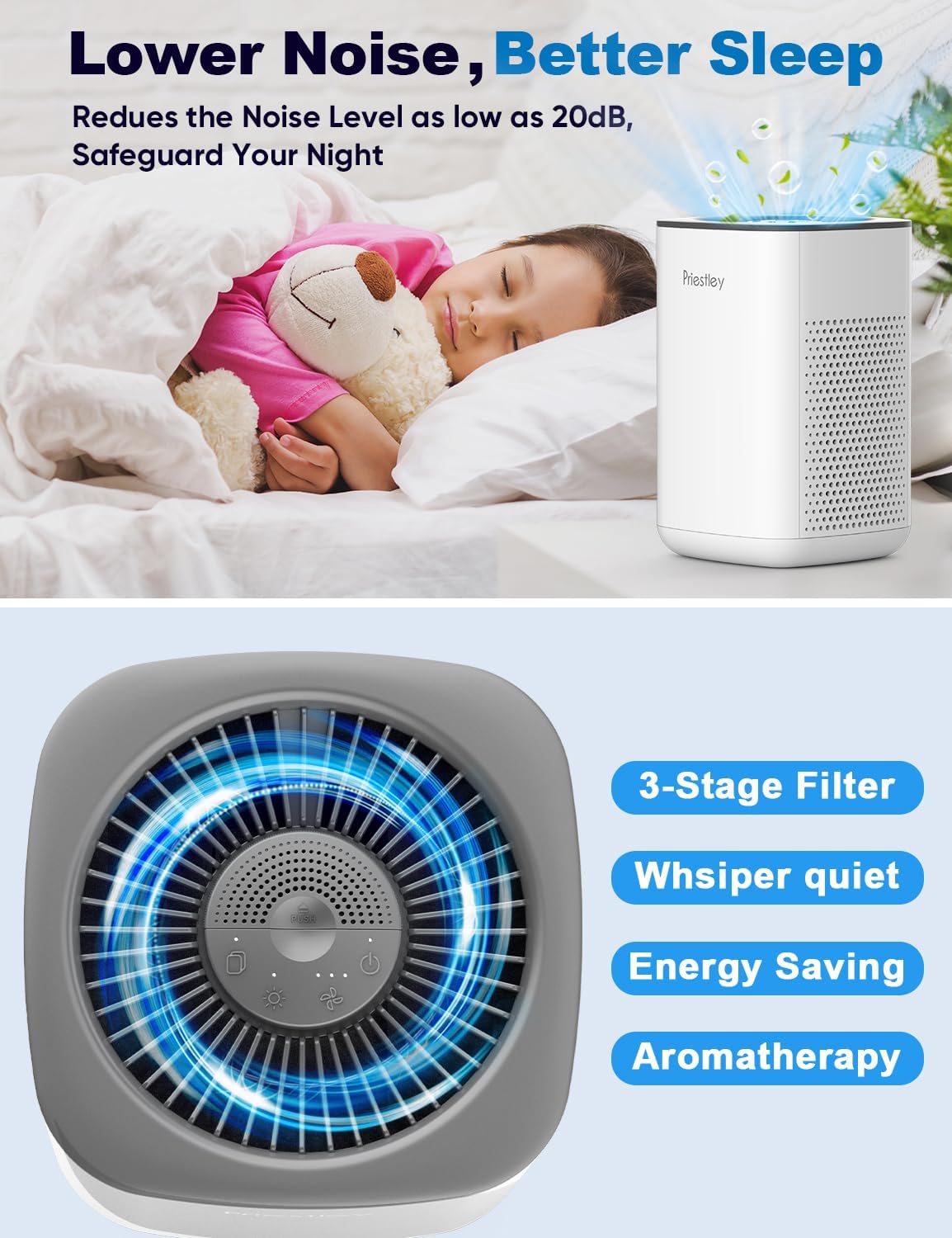 Priestley Small Air Purifiers for Home Bedroom Dorm Office Desktop, 20dB Quiet 3-in-1 HEPA Air Purifier with Essential Oil Diffuser, Air Filters Smoke, Allergies, Pet Dander, Odor, Dust