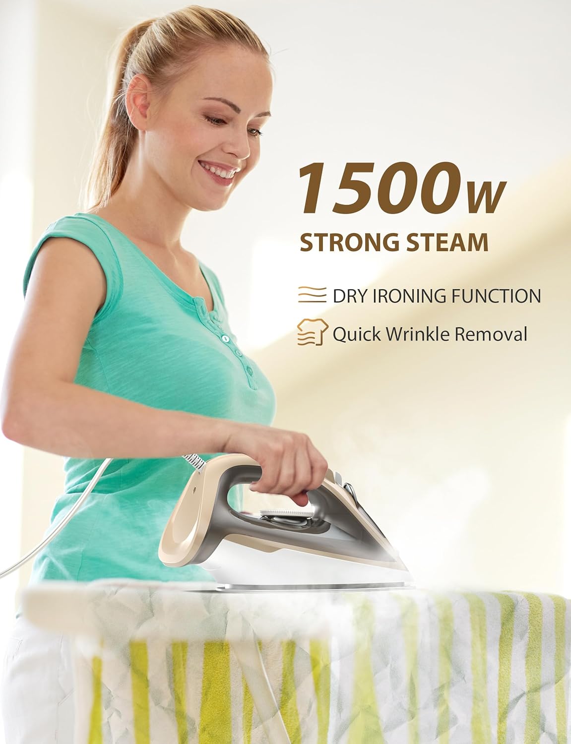 Steam Iron for Clothes Rapid Heating, 1500W Iron with Non-Stick Ceramic Soleplate, Auto-Off, Burst of Steam, 500 Microsteam Holes, Self-Cleaning, 12.31oz Water Tank Ironing Clothes for Home
