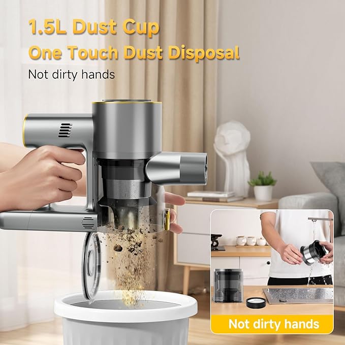 Cordless Stick Vacuum Cleaner - 45KPA Powerful Suction Vacuum with 45 Min Runtime, Detachable Battery, Anti-Tangle & 1.5L Dust Cup, 8 in 1 Vacuum Cleaner for Pet Hair, Carpet, HardFloor, Yellow
