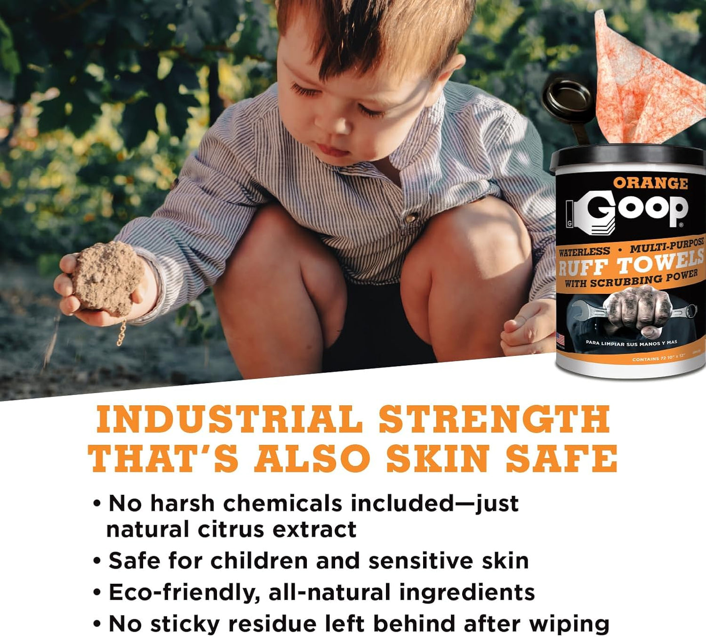 GOOP Orange Heavy Duty Ruff Towels with Scrubbing Power, 10โ x 12โ Dual Textured Multi-Purpose Cleaning Wipes, Removes Dirt, Grease, Oil, 72 Count