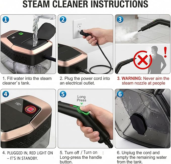 Steam Cleaner, 3 Level Adjustable Pressurized Steam Cleaner for Home, 10s Heat-Up Handheld Steamer for Cleaning, 1.9 Qt Tank Portable Steam Cleaner for Car, Home, Tile, Grout