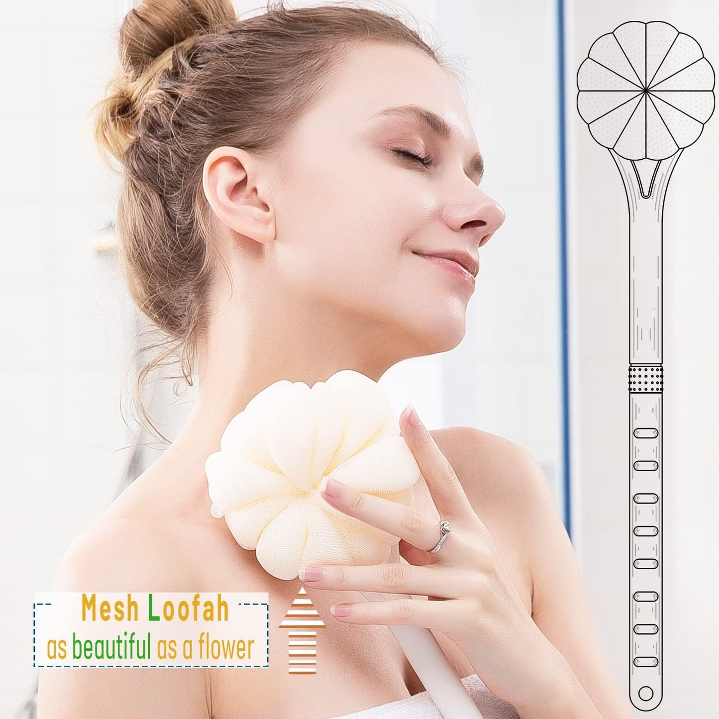 Shower Body Brush,Soft Bristles and Beautiful Pumpkin Loofah 14" Long Handle Back Scrubber Bath Mesh Sponge for Skin Exfoliating Bath,Massage Bristles Suitable for Wet or Dry,Men and Women (Yellow)