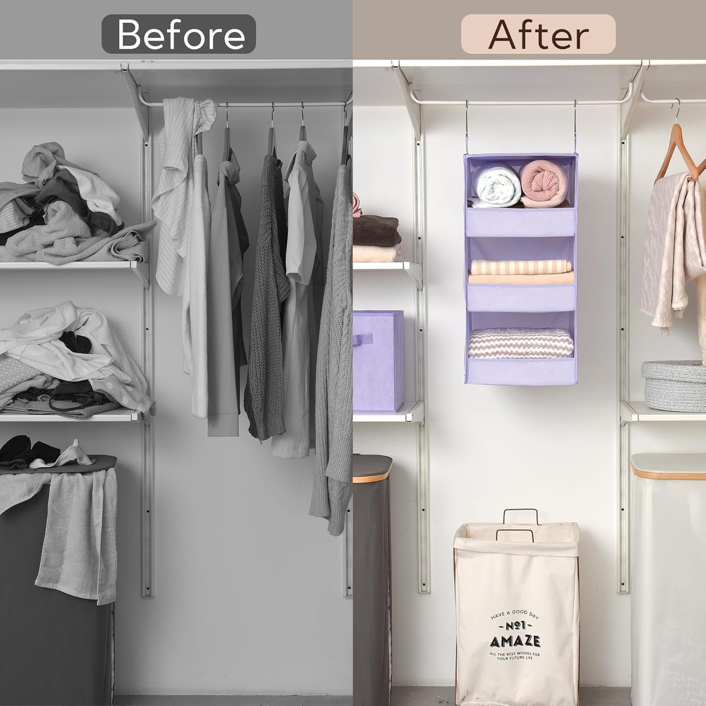GRANNY SAYS 3 Shelf Hanging Closet Organizers and Storage, Collapsible Closet Storage Organizer with 2 Metal Hooks, Leak-Proof Hanging Shelves for Closet, Dorm Room, Nursery, 2 Pack, Purple